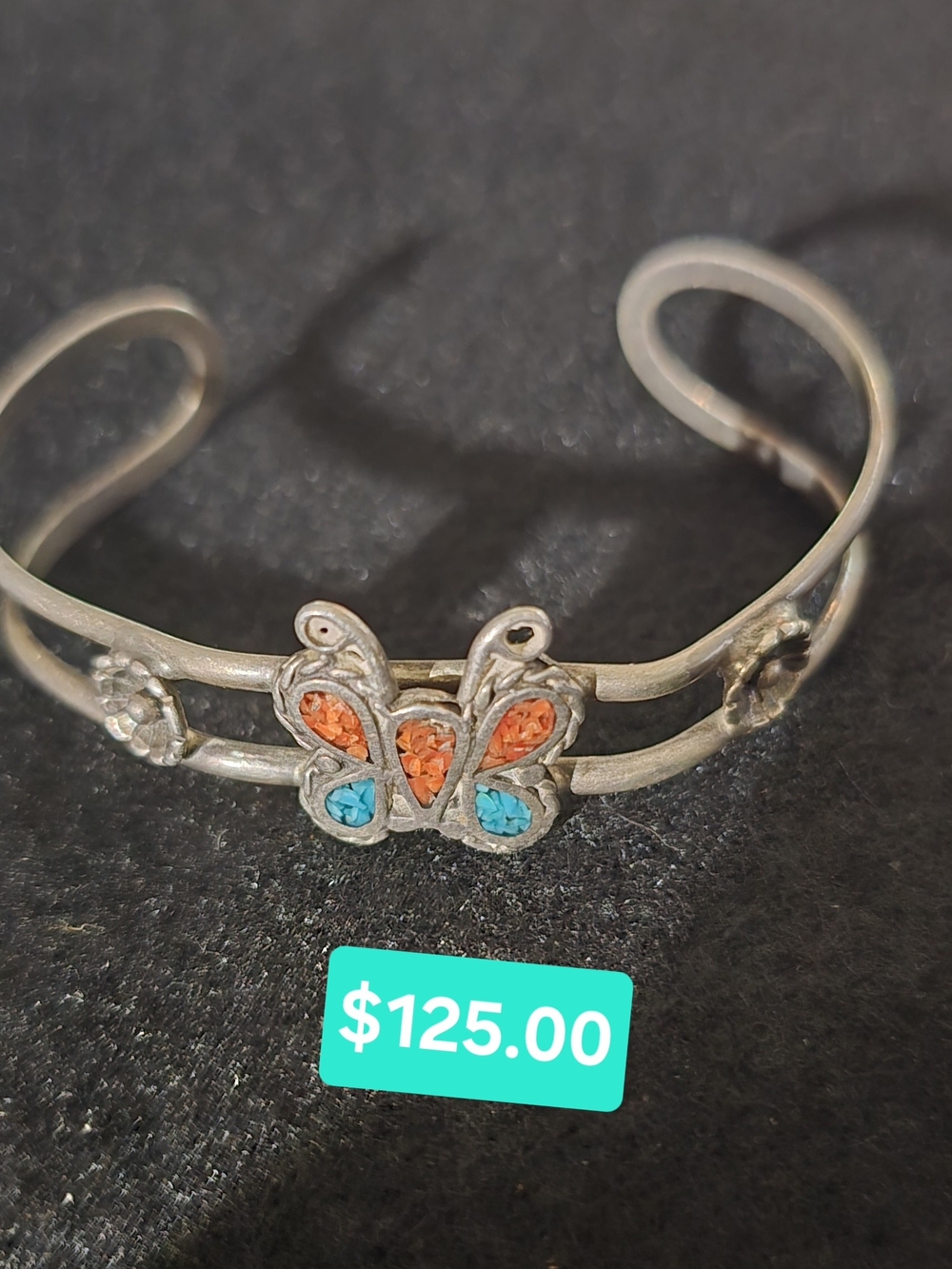 Sterling Silver Butterfly Cuff Bracelet with Red and Turquoise Accents